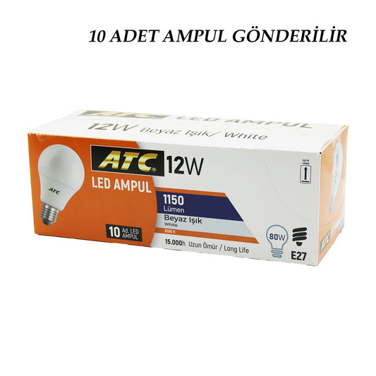 10 ADET ATC 12W=80W E27 BEYAZ=6500K LED AMPUL LAMBA 1150 LÜMEN 15.000 SAAT ÖMÜR