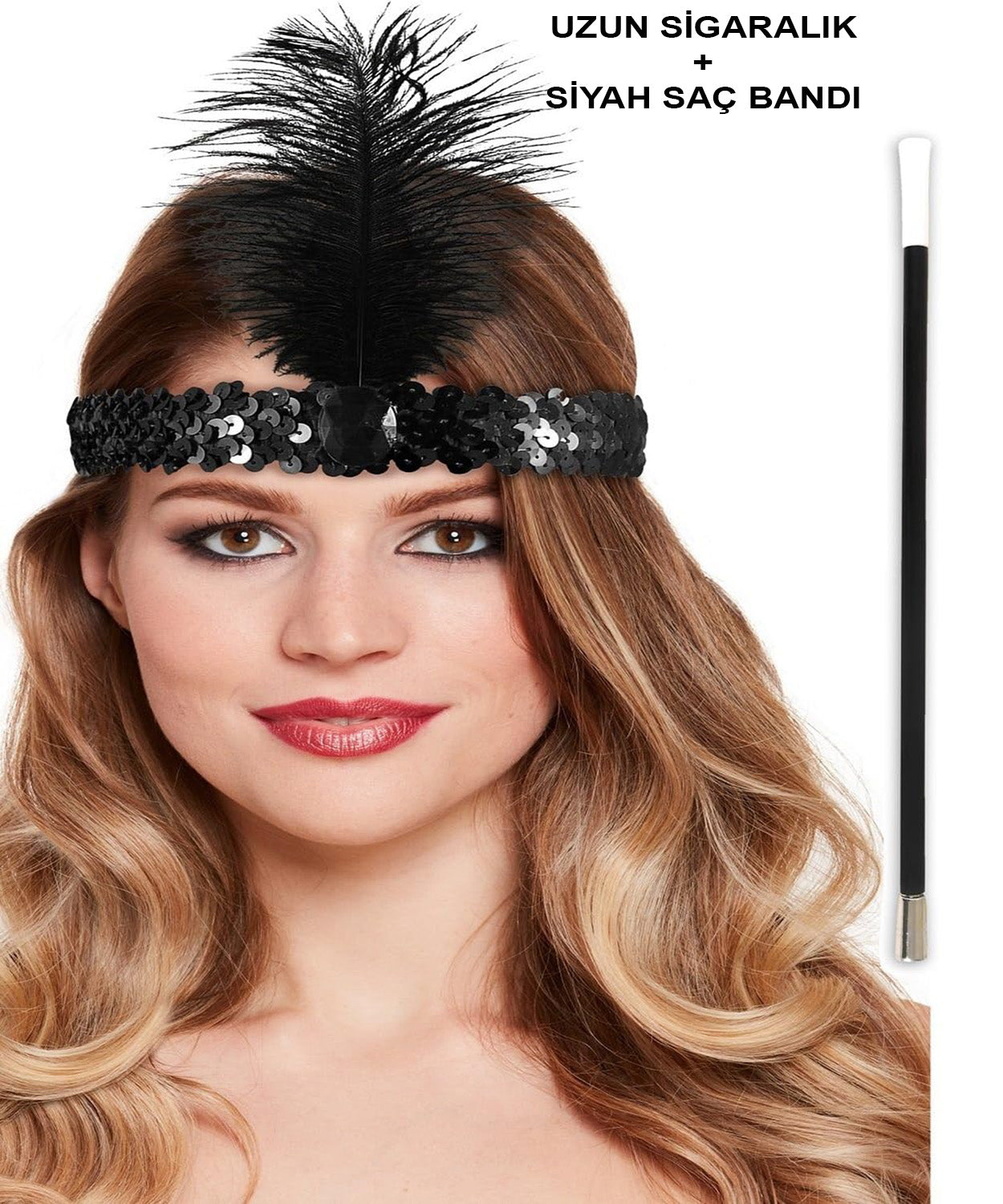 1920'ler Gatsby Aksesuar Seti – Siyah Charleston Saç Bandı & Sigaralık