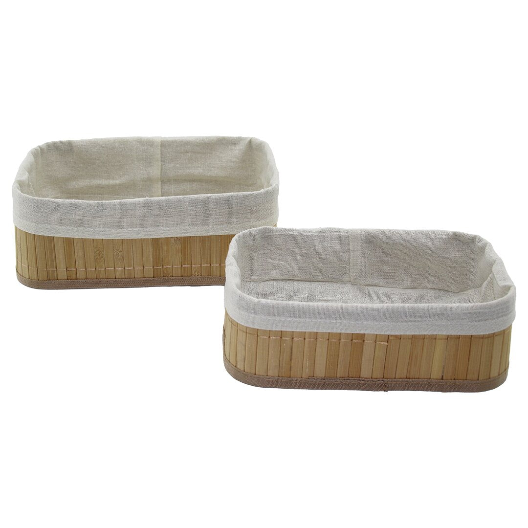 2Lİ DİKDÖRTGEN BAMBU KENAR ORGANİZER SEPET AHŞAP ALTLIK - BEZLİ 19X27X10CM - 15X24X8CM