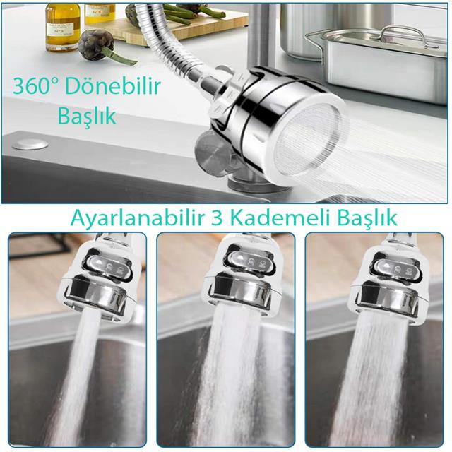 3 Kademeli Tasarruflu Universal Mutfak Musluk Başlığı