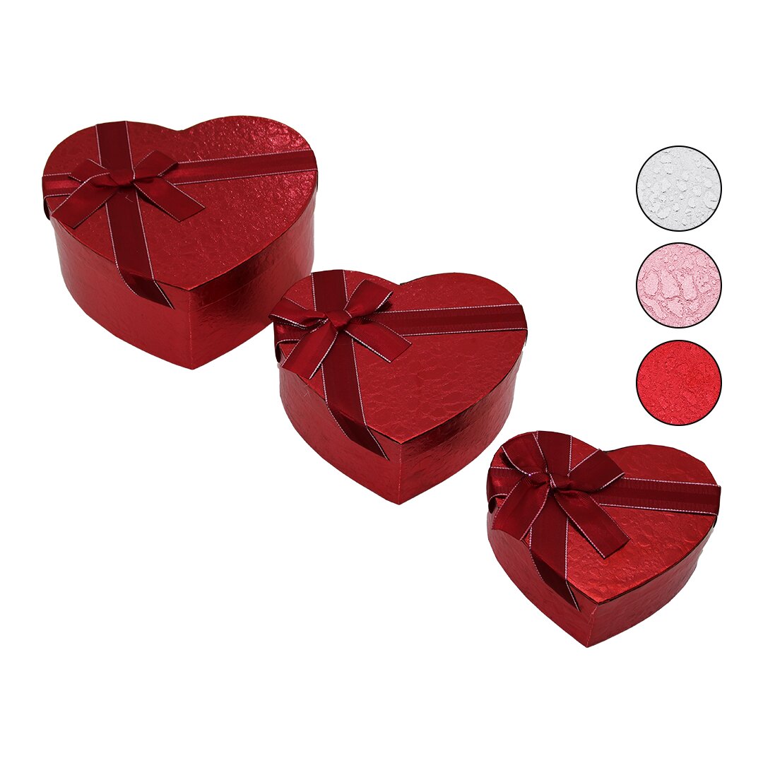 3PCS KALP PARLAK RENKLİ - KABARTMA DESEN KARTON HEDİYE KUTUSU KURDELALI 15-18-21CM