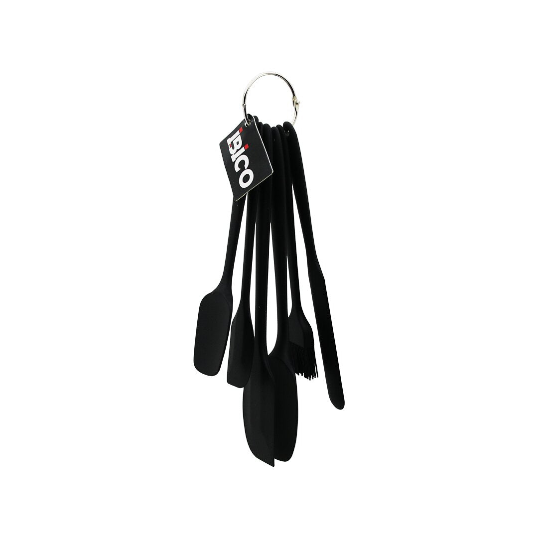 6PCS SİLİKON - SİYAH MUTFAK SETİ 2 KAŞIK - 3 SPATULA - YUMURTA FIRÇA METAL ASMA HALKALI