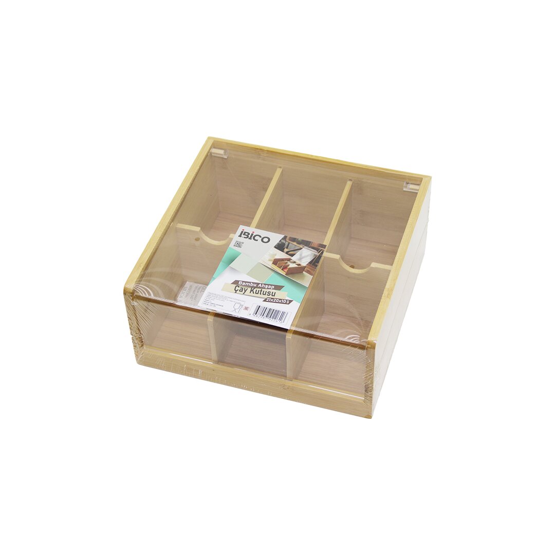 AHŞAP BAMBU 6 BÖLMELİ POŞET ÇAY KUTUSU MİKA PLASTİK KAPAK 21X20X10CM