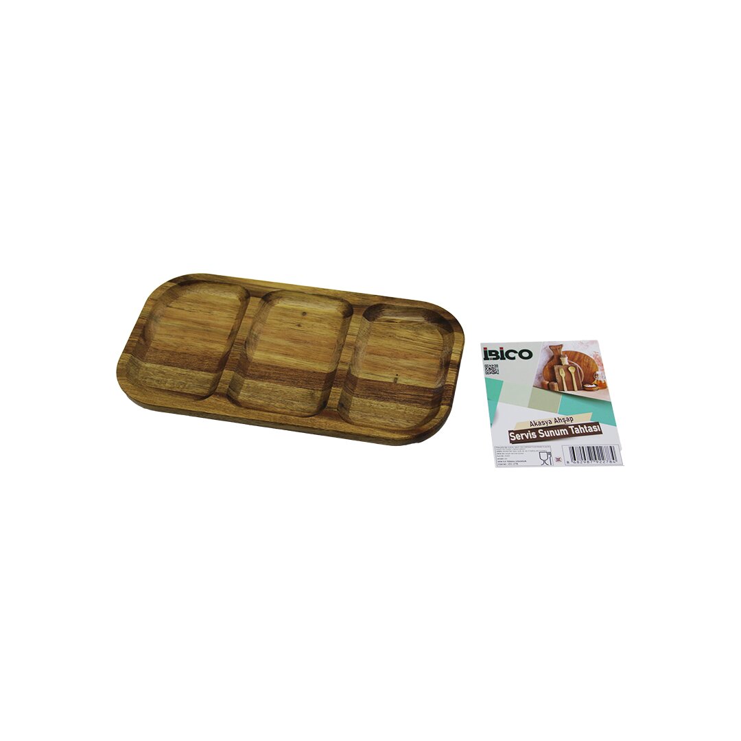 AKASYA DİKDÖRTGEN 3 BÖLMELİ=2+1 AHŞAP SERVİS SUNUM TEPSİ - TAHTASI 25 X 14 X 1.4CM