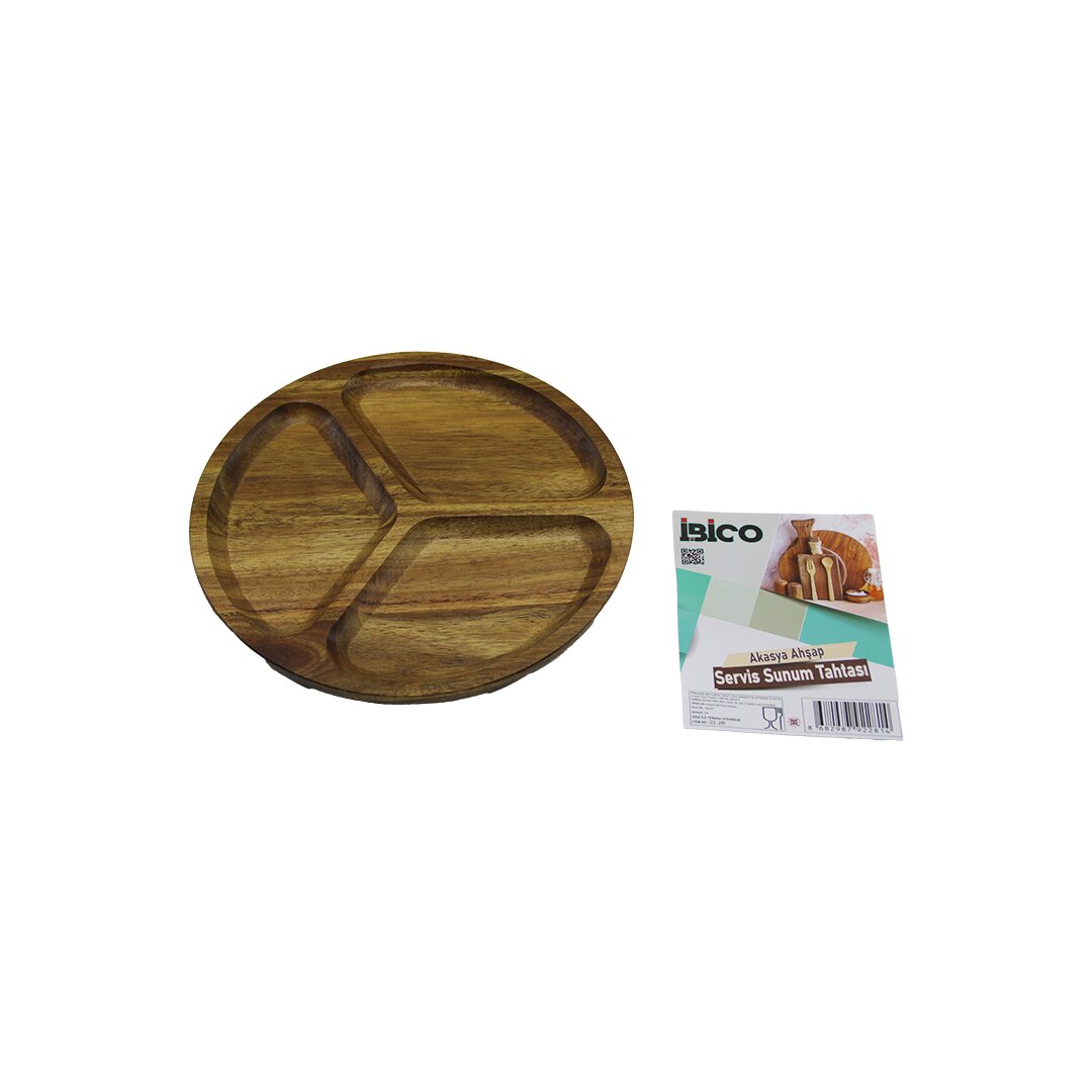 AKASYA YUVARLAK 3 BÖLMELİ AHŞAP SERVİS SUNUM TEPSİ - TAHTASI 20 X 1.4CM