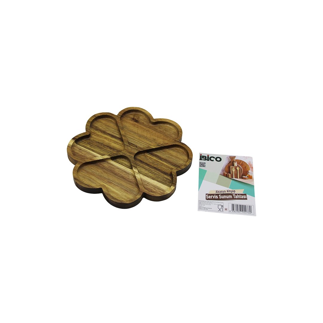 AKASYA YUVARLAK 4 KALP BÖLMELİ AHŞAP SERVİS SUNUM TEPSİ - TAHTASI 21 X 1.4CM