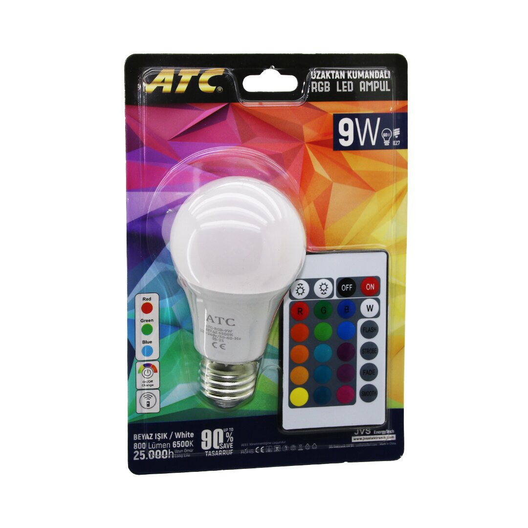 ATC-RGB-9W KUMANDALI 9W=60W RGB=16-RENKLİ LED AMPUL E27 800 LÜMEN 6500K 25.000 SAAT ÖMÜR