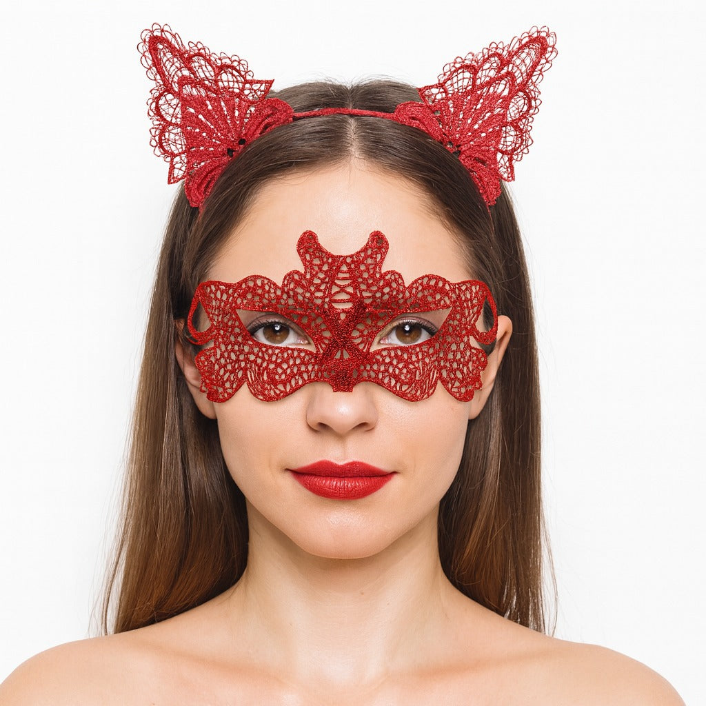 Ateş Kırmızısı Dantel Taç ve Maske Seti 10 No - Maskeli Balo & Özel Gün Seti