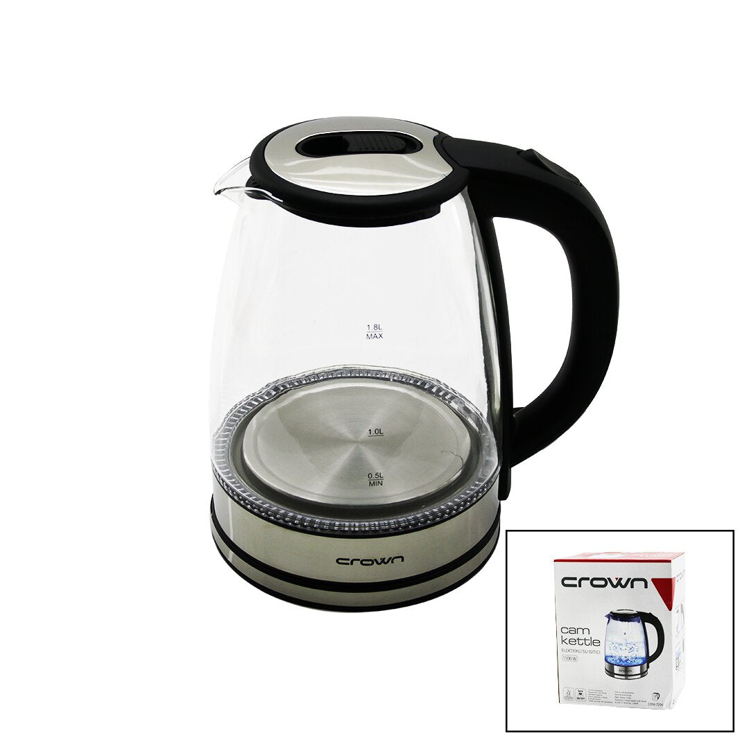 CAM - LEDLİ KETTLE 1.8LT 1500W ÇELİK TABAN - KROM KAPAK 360° GÖVDE PLASTİK KULP