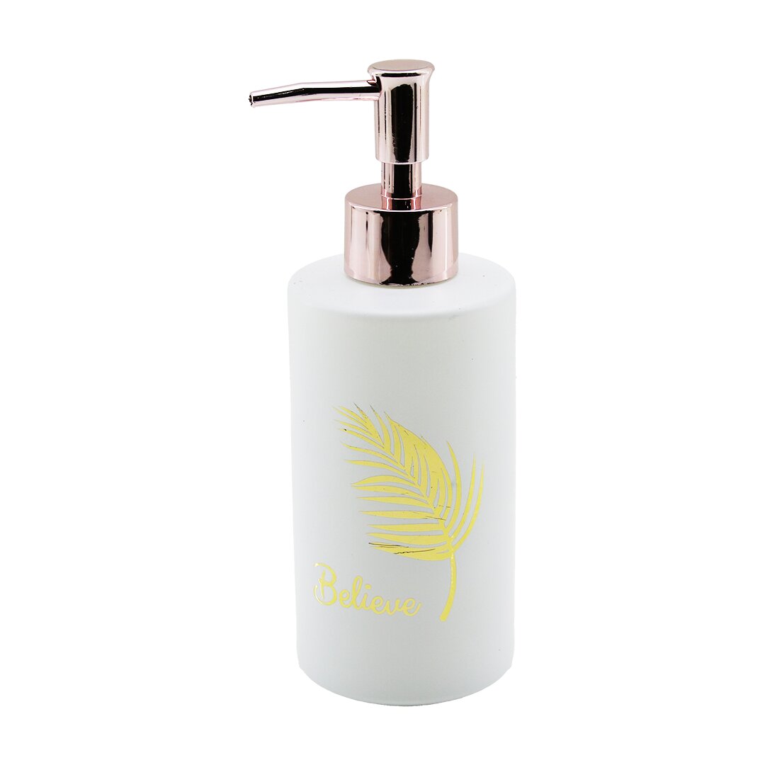 CAM YUVARLAK - BEYAZ ŞİŞE--GOLD YAPRAK DESEN SIVI SABUNLUK 350ML BRONZ PLASTİK POMPA