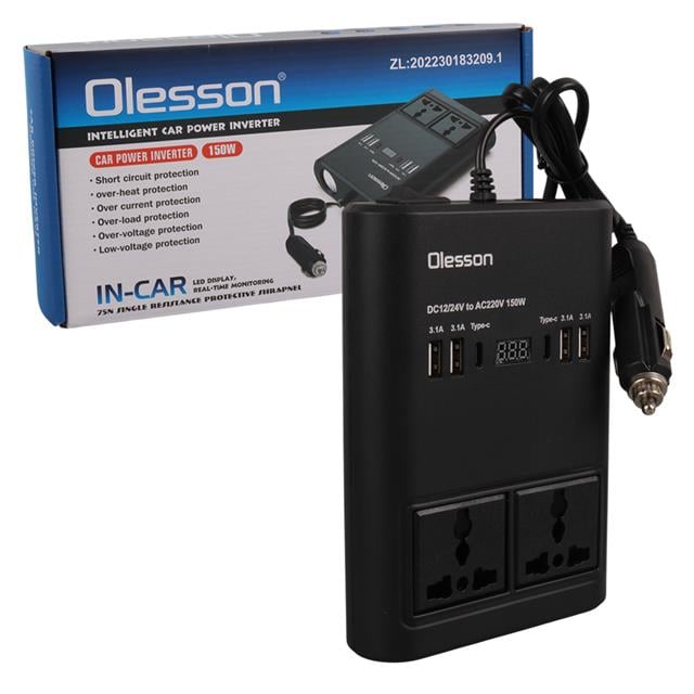 DC 12-24V 150W Oto Araç Power İnverter Ek Çakmak Girişi - 2x TYPE-C - 4x USB - 2x 220V Üniversal Priz