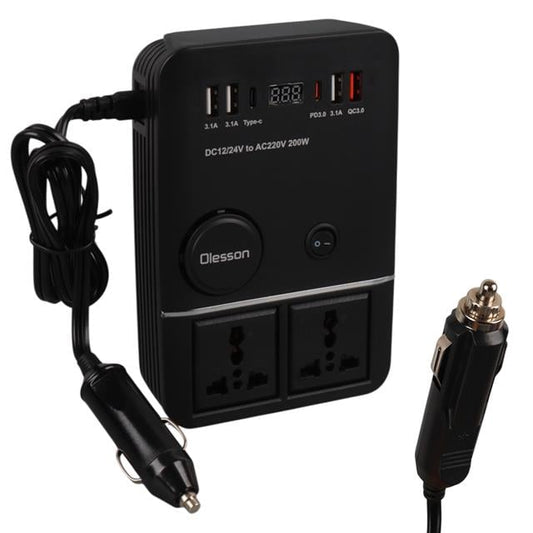 DC 12-24V 200W Oto Araç Power İnverter 2x Çakmak Girişi - 2x TYPE-C - 4x USB - 2x 220V Üniversal Priz