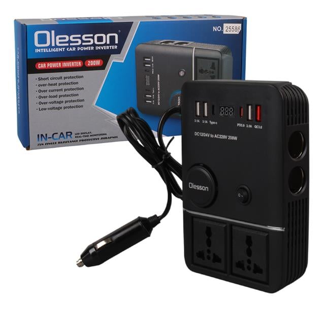DC 12-24V 200W Oto Araç Power İnverter 2x Çakmak Girişi - 2x TYPE-C - 4x USB - 2x 220V Üniversal Priz