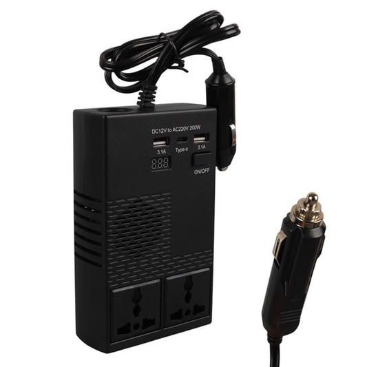 DC 12-24V 200W Oto Araç Power İnverter 1x Çakmak Girişi - 1x TYPE-C - 2x USB - 2x 220V Üniversal Priz
