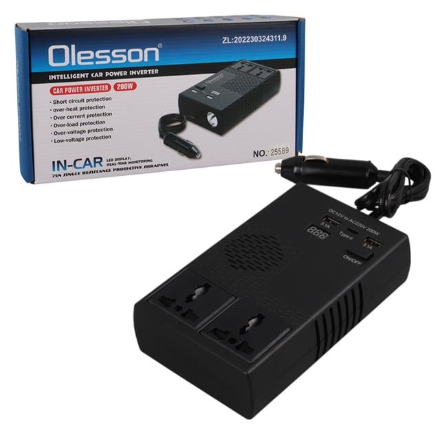 DC 12-24V 200W Oto Araç Power İnverter 1x Çakmak Girişi - 1x TYPE-C - 2x USB - 2x 220V Üniversal Priz