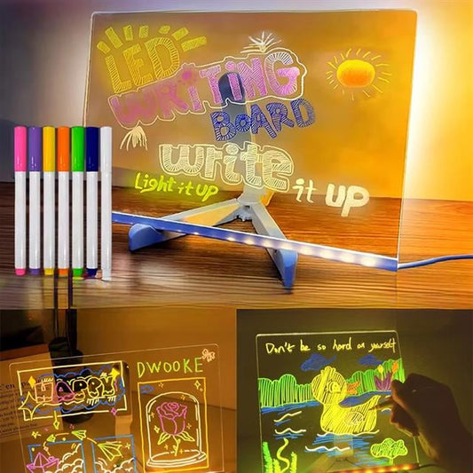 Dekoratif LED Aydınlatmalı Şeffaf Işıltılı Yazı - Çizim Panosu Tableti - 7 Renk Kalemli Set