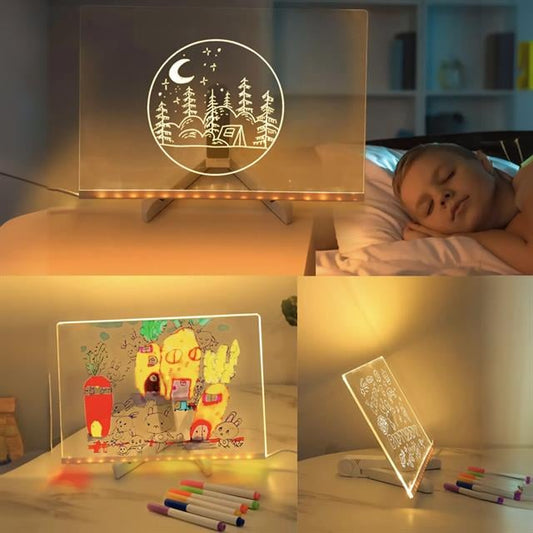 Dekoratif LED Aydınlatmalı Şeffaf Işıltılı Yazı - Çizim Panosu Tableti - 7 Renk Kalemli Set