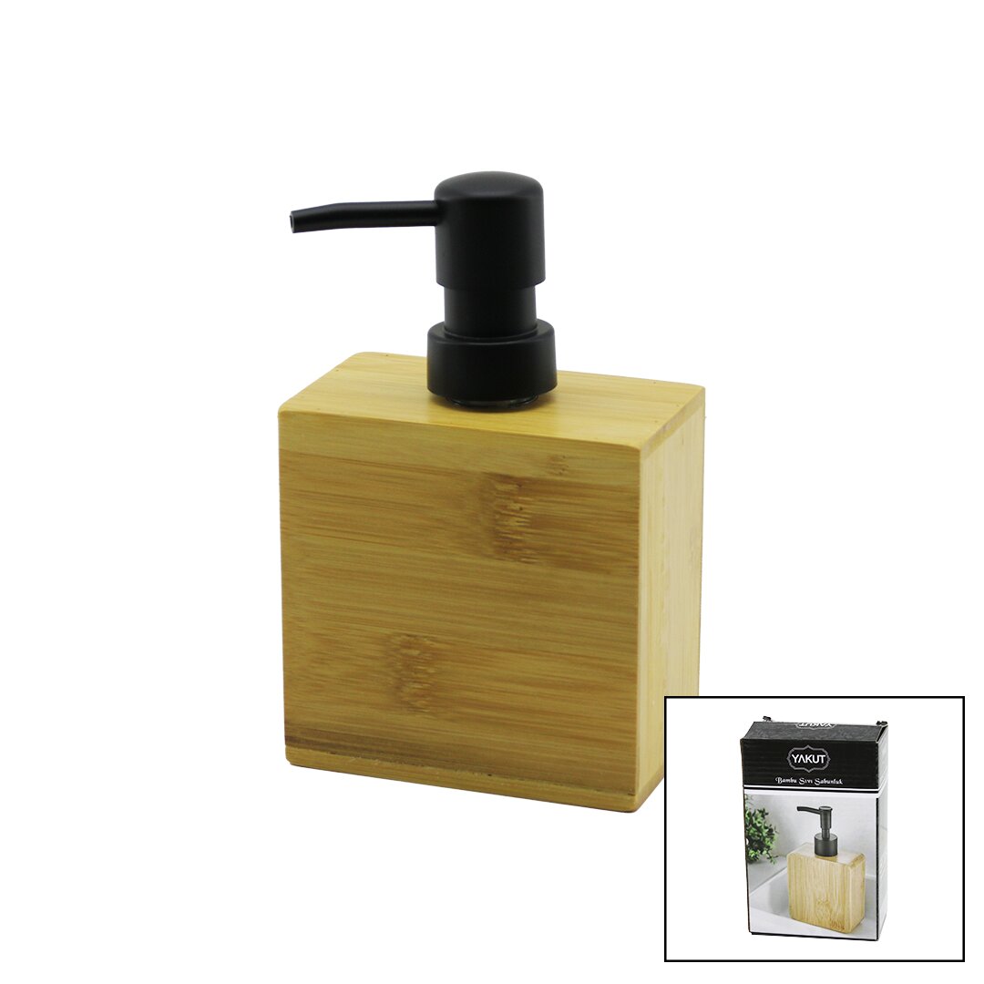 DİKDÖRTGEN AHŞAP BAMBU SIVI SABUNLUK SİYAH PLASTİK POMPA 5.8 X 9.9CM - Y: 10CM
