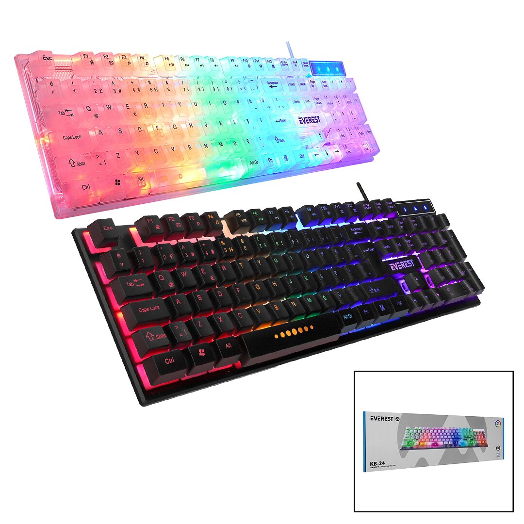 EVEREST KB-24 GÖKKUŞAĞI IŞIKLI USB KABLOLU OYUNCU KLAVYE 155CM KABLO