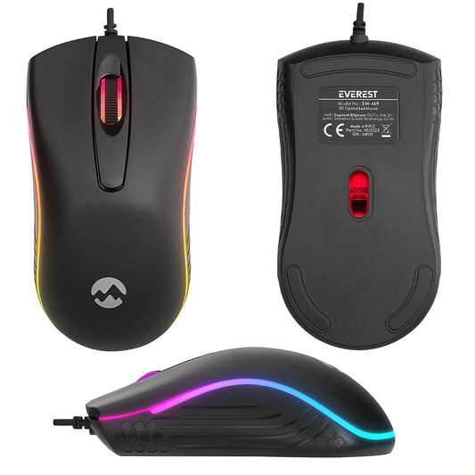 EVEREST SM-M9 1000 DPI USB RGB RAİNBOW LEDLİ SİYAH 3D OPTİK LED MOUSE