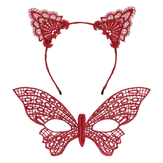 Gösterişli Kırmızı Dantel Maske ve Taç Seti 7 No – Masquerade ve Davetler için