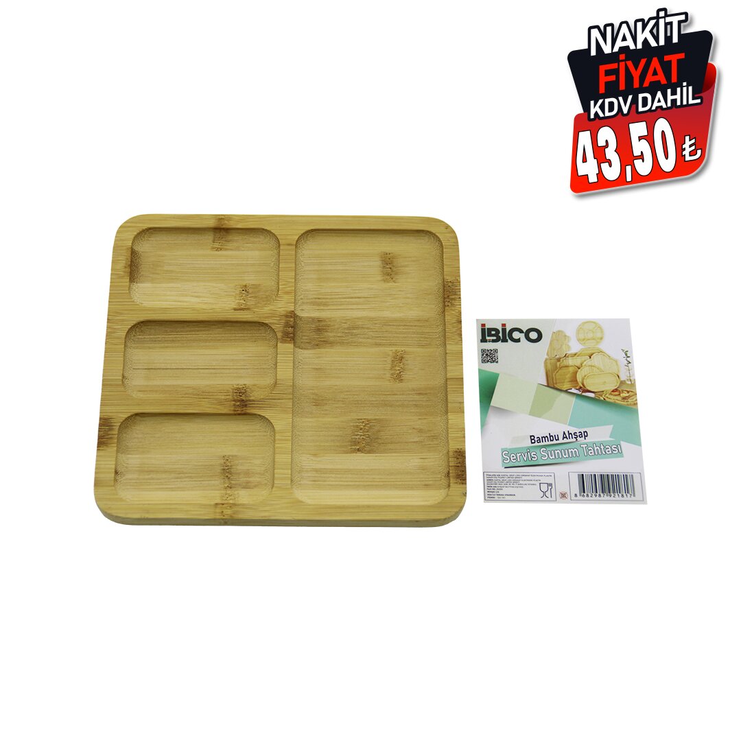 KARE 4 BÖLMELİ=3+1 AHŞAP BAMBU SERVİS SUNUM TEPSİ - TAHTASI 20 X 20 X 1.4CM