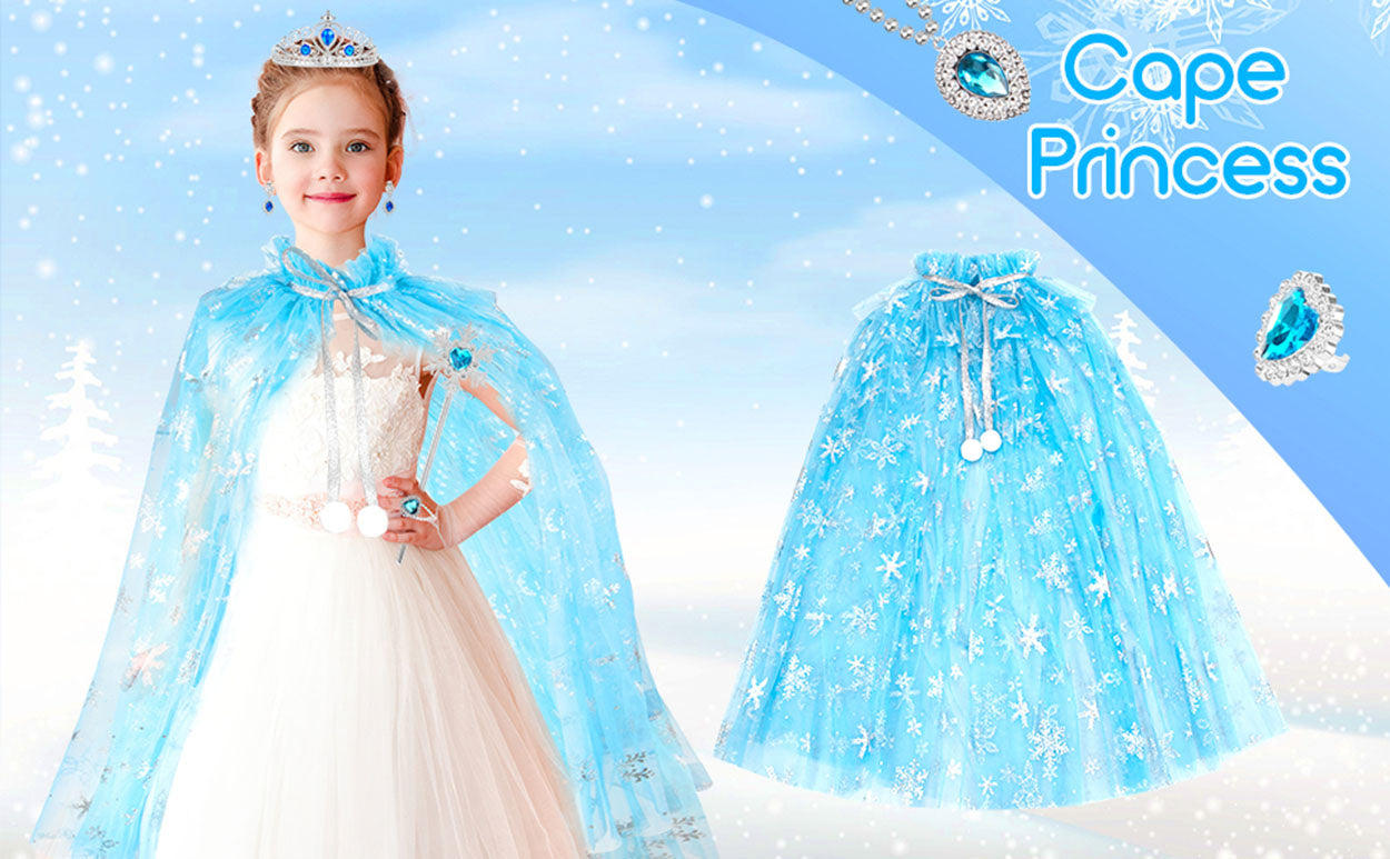 Karlar Ülkesi Elsa Frozen Mavi Pelerin – 80 cm Kar Desenli Çocuk Pelerini ( Taç Hariç )