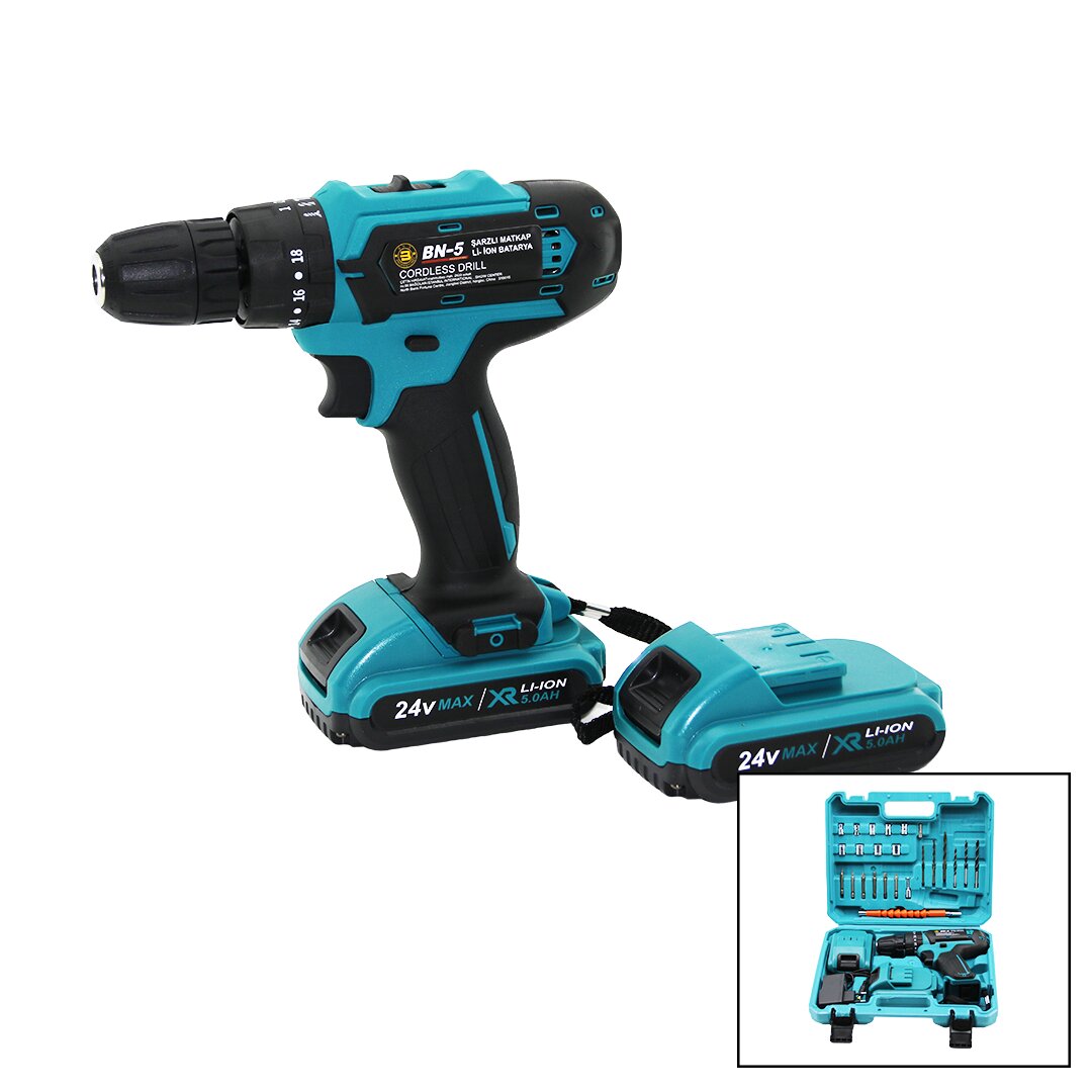 MAVİ 1250 RPM BN-5 F-136 CORDLESS DRILL FULL ŞARJLI=24V=5.0Ah - 2 BATARYA MATKAP SETİ ÇANTALI
