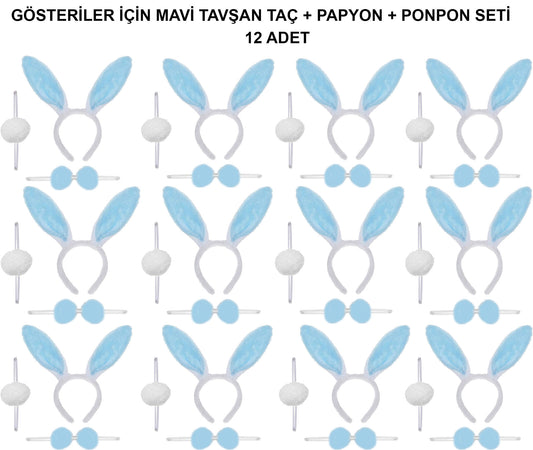 Mavi Tavşan Kostüm Seti – Taç, Papyon, Ponpon (12’li Paket)