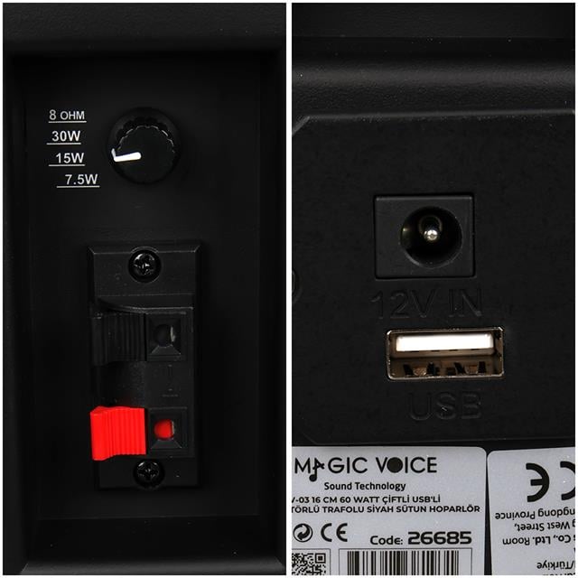 MV-03 16 CM 60 Watt Komütatörlü Hat Trafolu Siyah Sütun Hoparlör (2'li Takım)