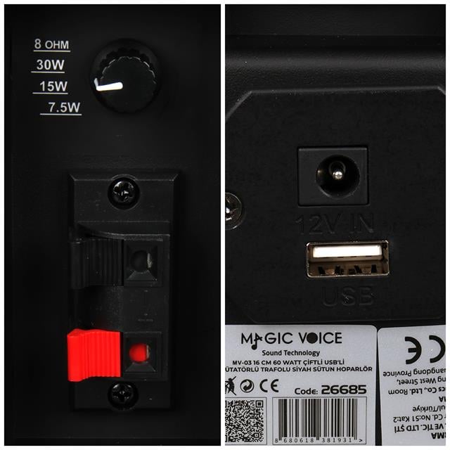 MV-19 2x7.5 CM 40 Watt Komütatörlü Hat Trafolu Siyah Sütun Hoparlör (2'li Takım)