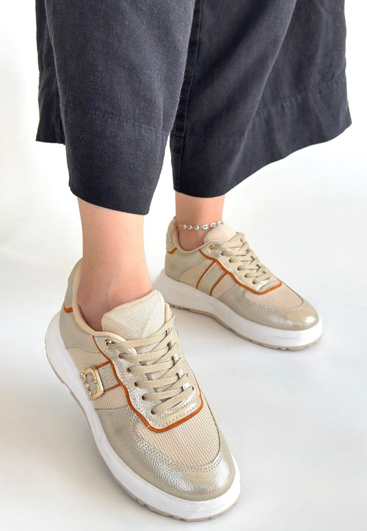 Tanwe Bej Cilt Bağcıklı Spor Ayakkabı