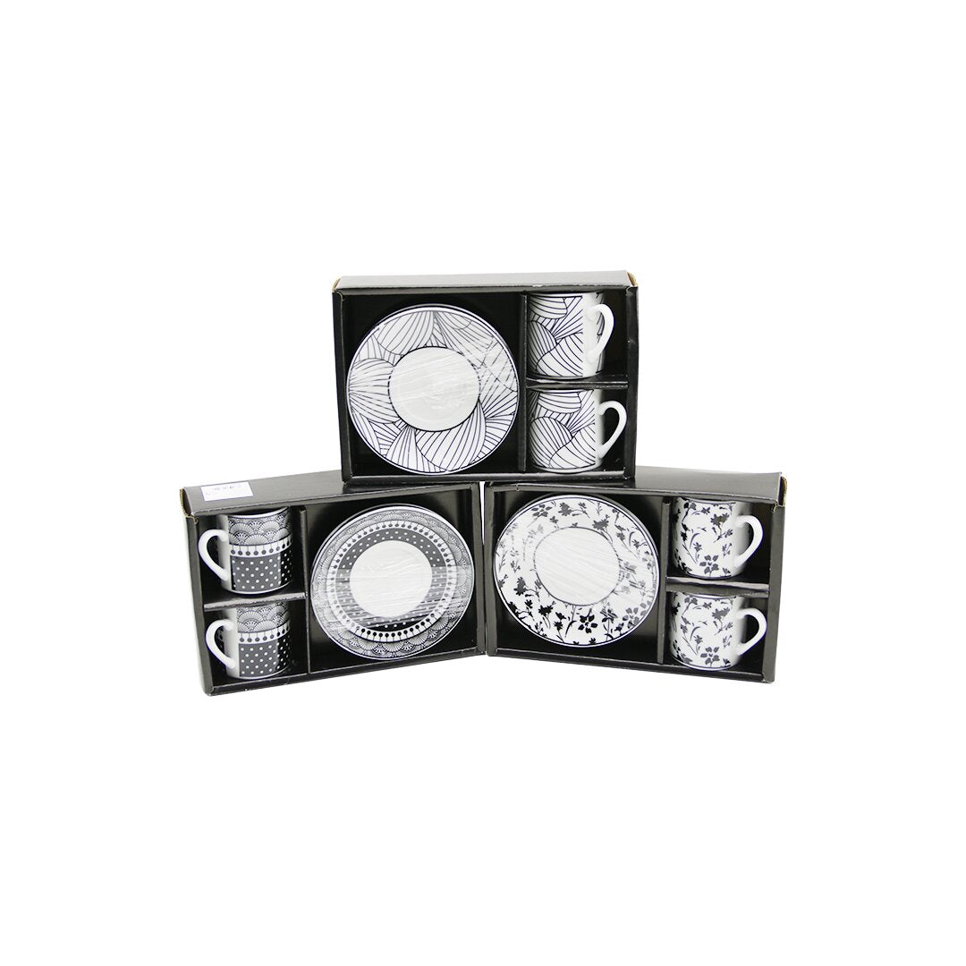 SİYAH - BEYAZ 4PCS=2-TAKIM PORSELEN KAHVE FİNCANI ÇİÇEK - ÇİZGİ - NOKTA MİX DESEN