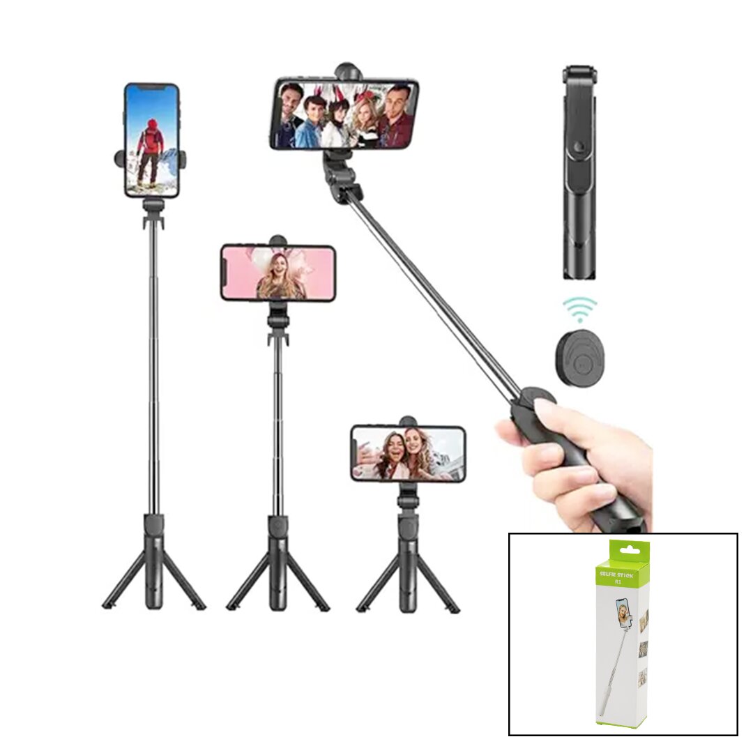 SİYAH SELFİ ÇUBUK - TRİPOD AYAKLI 57CM UZAYAN-KISALAN SAPLI + 10CM =67CM