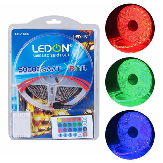 Su Geçirmez 5 Metre RGB Şerit Led Animasyon Devreli Adaptörlü Set 5050 3 Çipli Silikonlu