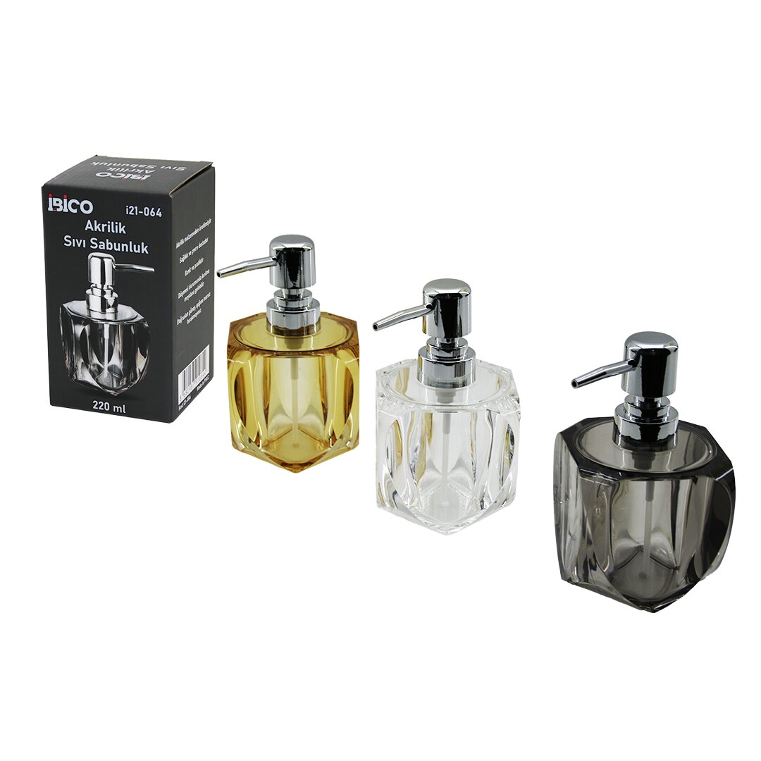 TOMBUL KARE - 4-KALPLİ GÖVDE ŞEFFAF - RENKLİ AKRİLİK - MİKA KRİSTAL SIVI SABUNLUK 220ML