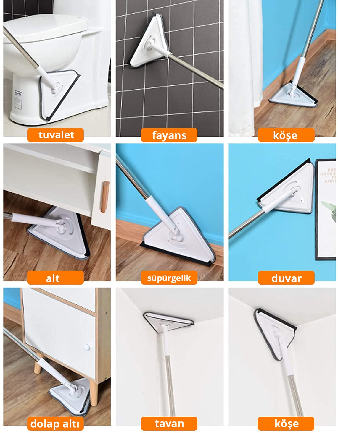 Üçgen Mop Cam Duvar Tavan Fayans Parke Temizleyici Mop