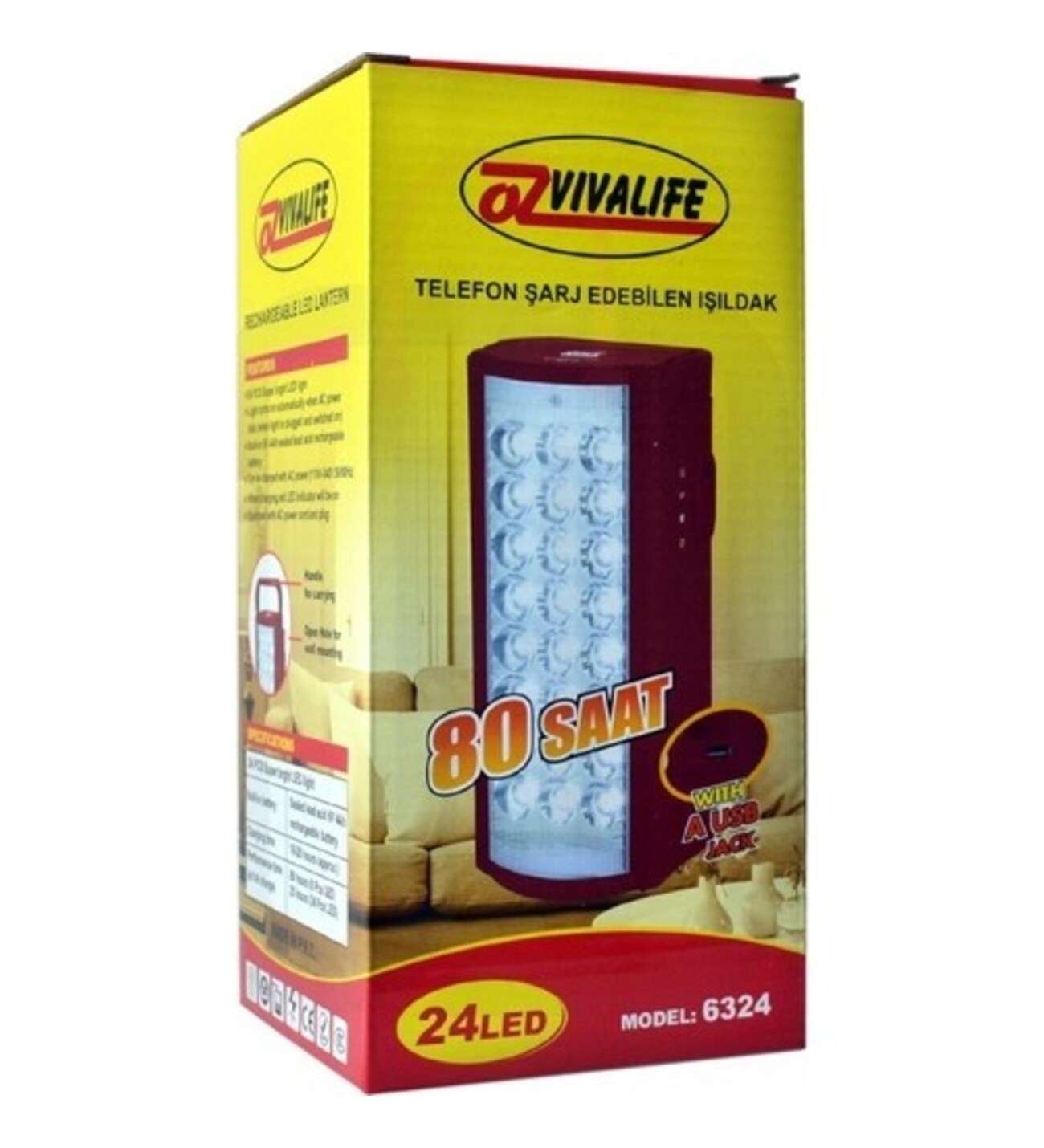 USB Şarj Çıkışlı 24 LED 80 Saat Akülü Şarjlı Işıldak