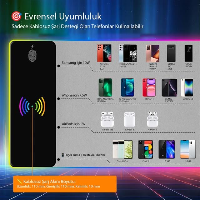 XL RGB Gaming Mouse Pad Wireless Telefon Şarj Destekli 14 Modlu