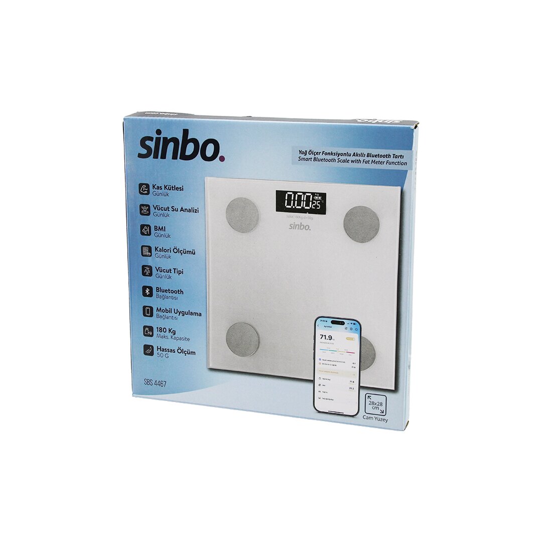 YAĞ ÖLÇERAKILLI BLUETOOTH CAM BASKÜL PİLLİ 180KG/50GR 28X28CM 8-KİŞİ HAFIZA LCD EKRAN GÖSTERGE SBS-4467
