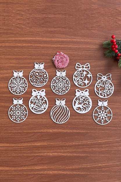 10 Parça Kırmızı Beyaz İpli Fiyonk Model Ahşap Yılbaşı Ağaç Süsü