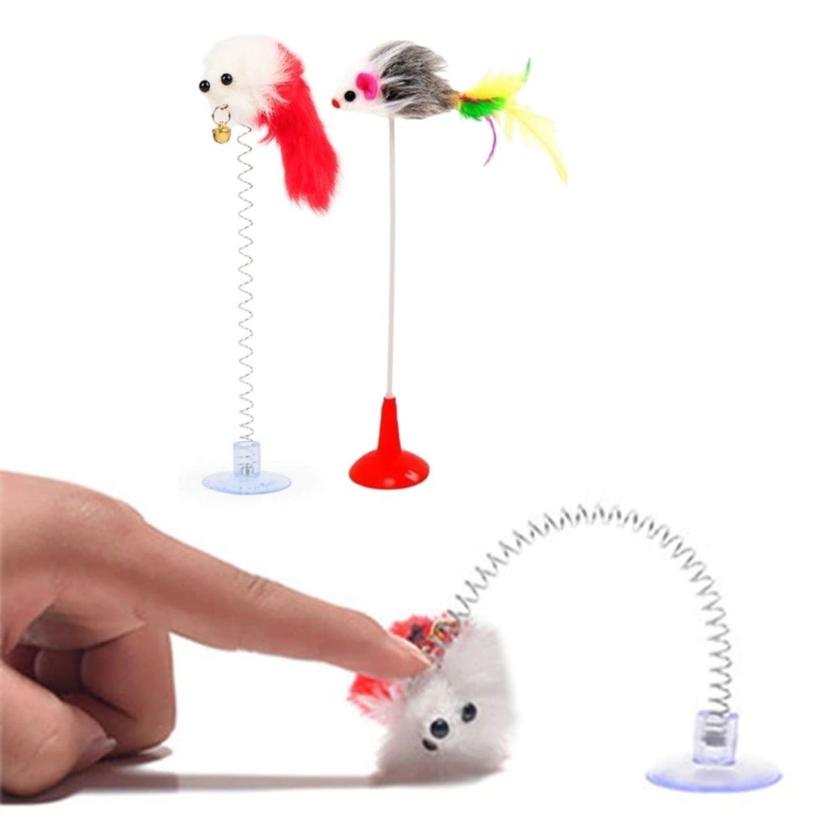 2&amp;apos;li Vantuzlu Fareli Tüylü Hareketli Çanlı ve Esneyen Eğlenceli Peluş Kedi Oyuncağı