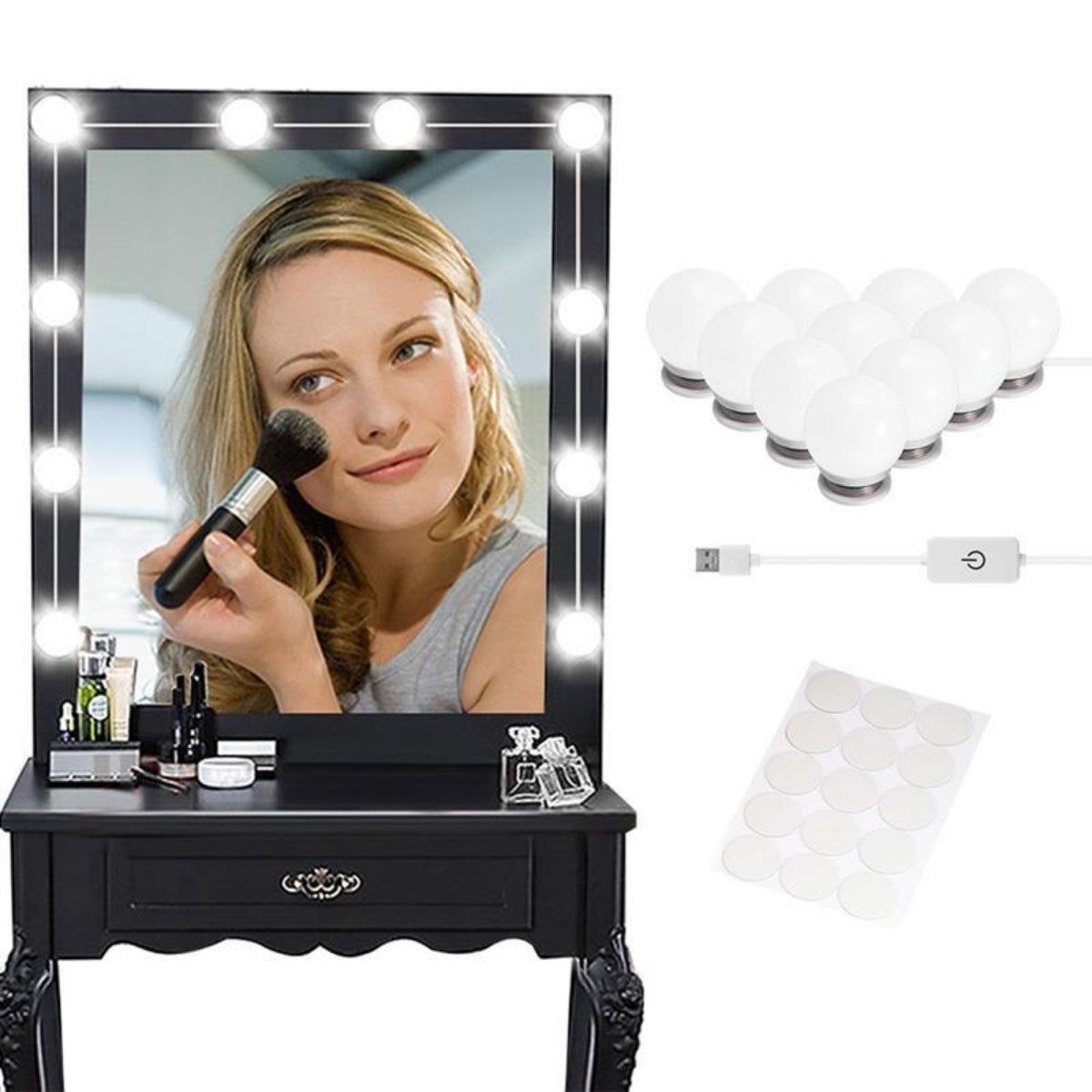 Nostalji Hollywood Tarzı 10&apos;lu Makyaj Masası Aynası Beyaz Led Işıklı Lamba USB