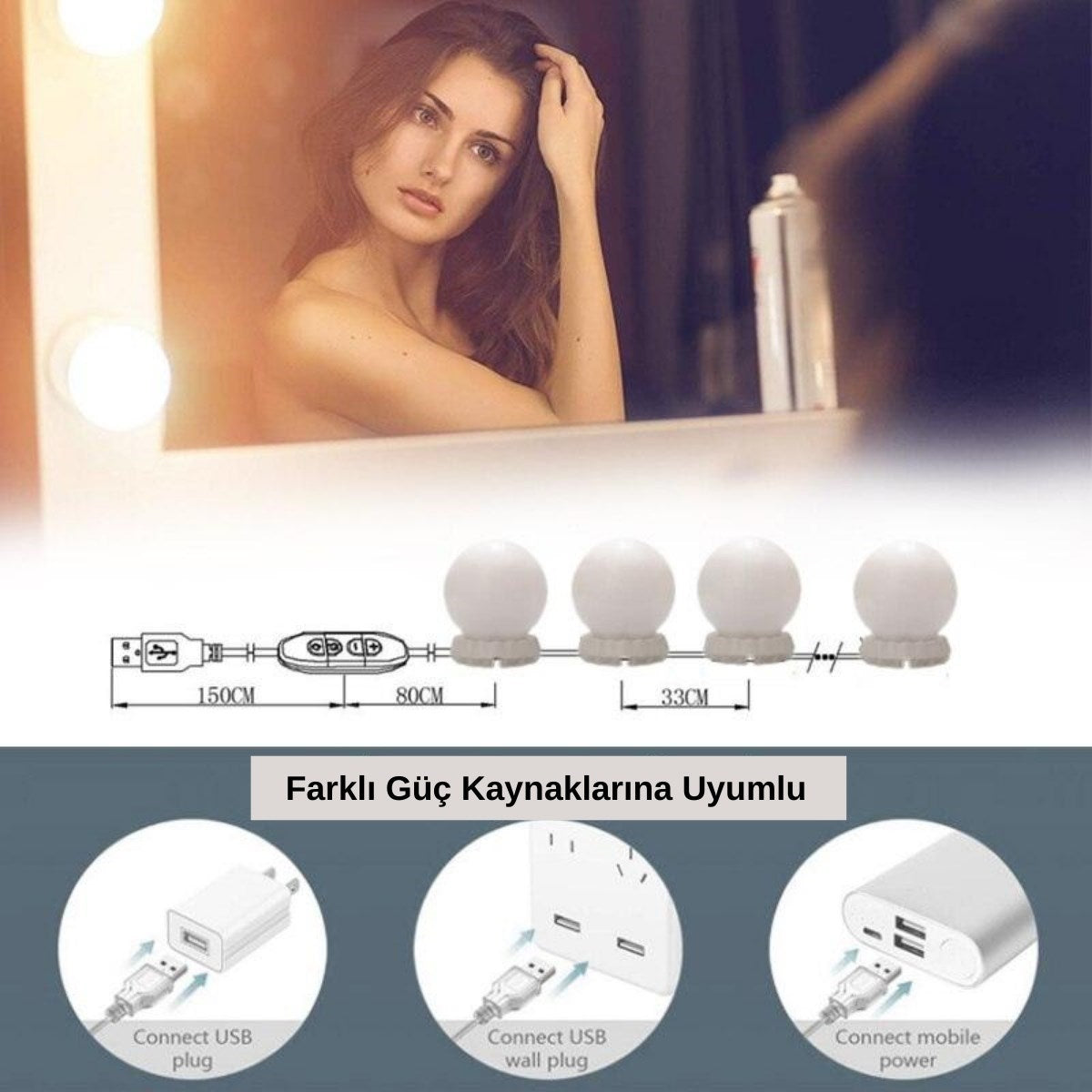 Nostalji Hollywood Tarzı 10&apos;lu Makyaj Masası Aynası Beyaz Led Işıklı Lamba USB