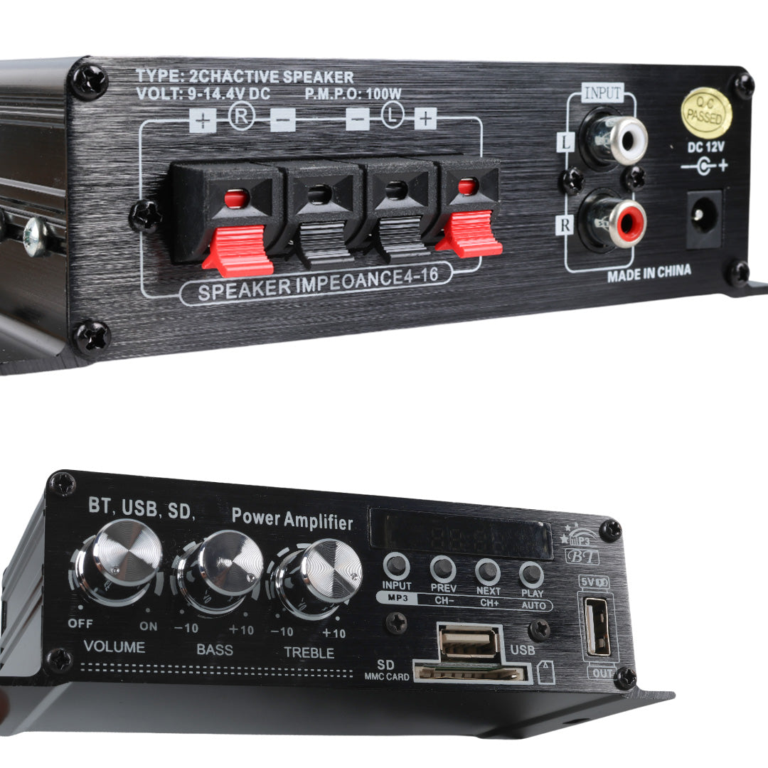 12 VOLT 100 WATT MOTOSİKLET BLUETOOTH AMFİ USB/SD 2 KANAL PAZARCI - ANFİ (154X80X42MM)