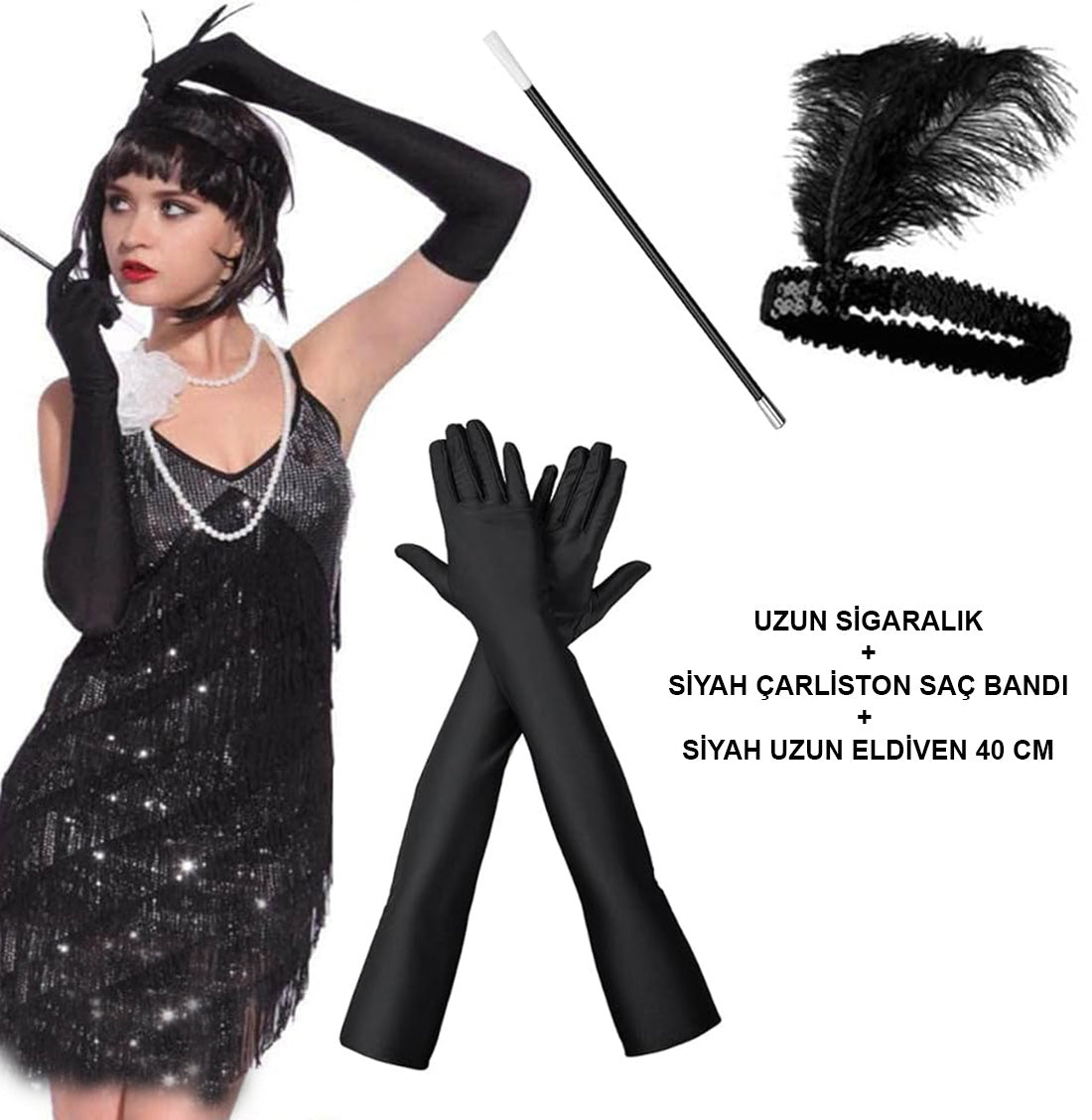 1920&amp;apos;ler Gatsby Aksesuar Seti – Siyah Charleston Saç Bandı, Uzun Eldiven &amp;amp;amp; Sigaralık