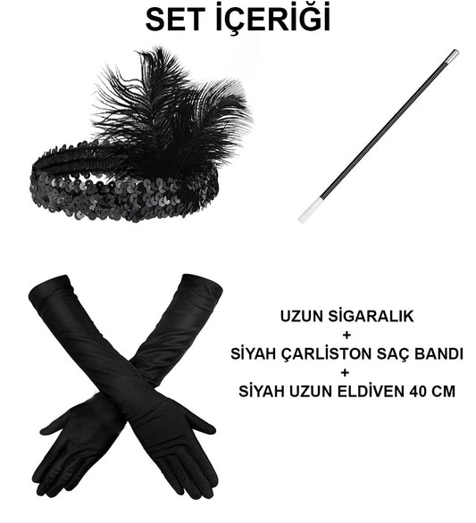 1920&amp;apos;ler Gatsby Aksesuar Seti – Siyah Charleston Saç Bandı, Uzun Eldiven &amp;amp;amp; Sigaralık