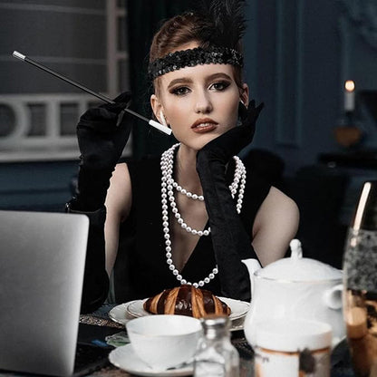 1920&amp;apos;ler Gatsby Aksesuar Seti – Siyah Charleston Saç Bandı, Uzun Eldiven &amp;amp;amp; Sigaralık