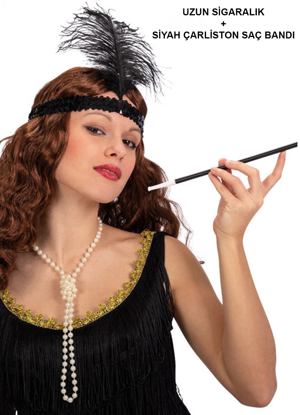 1920&amp;apos;ler Gatsby Aksesuar Seti – Siyah Charleston Saç Bandı &amp;amp;amp; Sigaralık