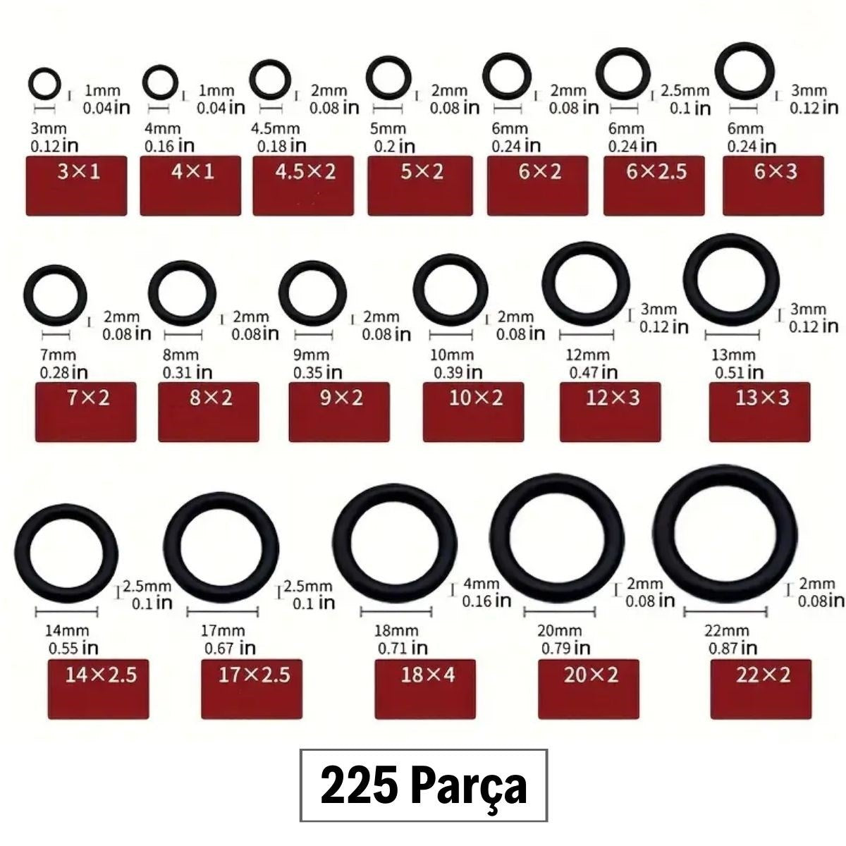 225 Parça Kauçuk Conta Seti ,Kendiliğinden Saklama Kutulu O Halkası Seti